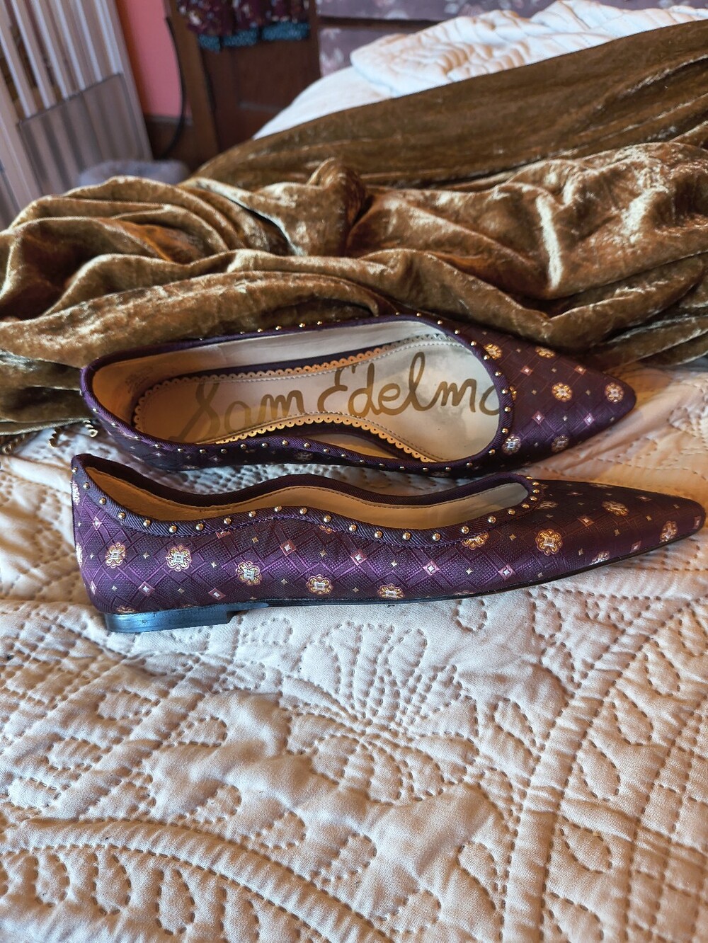 Sam Edelman Rivera Burgundy Purple Jacquard Studded Pointed Toe Flats 6.5